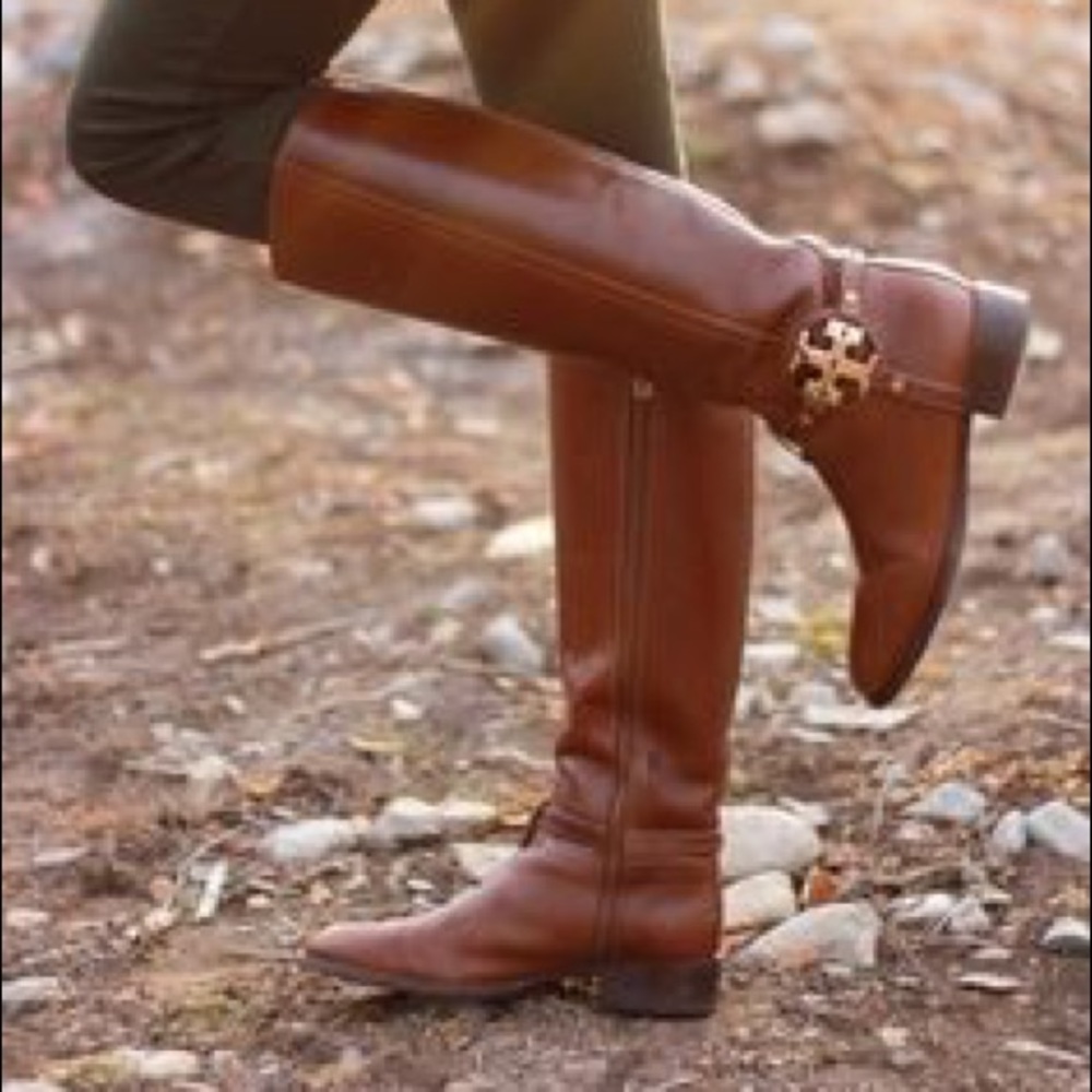 Tory Burch Brown Leather Riding Boots w/ Gold Logo